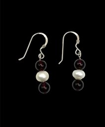 Vintage Sterling Silver White Pearl And Burgundy Beaded Dangle Earrings