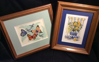 Set Of 2 Needlepoint Wall Hangings - Butterflies & Flowers - H