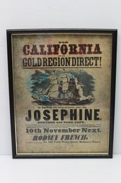 Framed Reproduction California Gold Rush Packet Ship Josephine Travel Advertisement