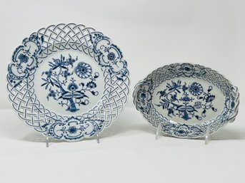 Antique Meissen Blue Onion Reticulated Oval Serving Dish Basket With Two Handles And Round Serving Dish