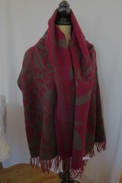 A 100 Percent Lamb's Wool Burgundy And Gray Fringed Wrap Scarf- Corrierildo, Italy