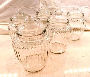 5 Ribbed Glass Storage Jars Canisters With Lids