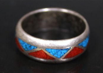 Vintage Men's Sterling Silver Coral And Turquoise Band Ring Size 13