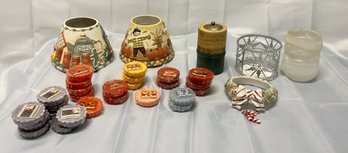 Yankee Candle Shades And An Assortment Of Christmas Candles Holders And Candles