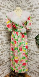 Fabulous 100 Silk Floral Rose Patterned Gown W/ Oversized White Collar By Julliard - Size 12