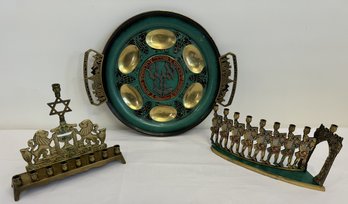 A Group Of Judaica Objects - Brass Menorah Pair  & Seder Plate