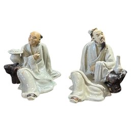 Pair Of Vintage Clay Glazed Hand Sculpted Chinese Mudmen Figurines (U.S. Shipping Available)