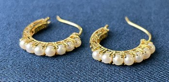 14K Gold And Pearl Hoop Earrings