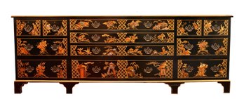 Chinese Black Lacquer Polychrome And Gold  Large Rectangular Chest Of Drawers