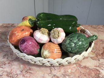 Wonderful Vintage Majolica Porcelain Vegetable Basket - Hand Made In Spain - Lovely Decorator Piece !