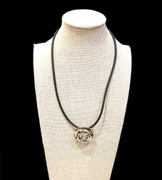 Vintage Sterling Silver Black Rope Necklace With Rose Pendant