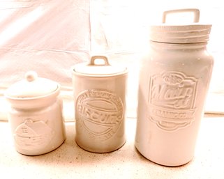 Trio Of White Ceramic Storage Jars With Lids