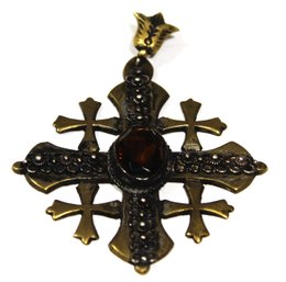 Israeli Maltese Cross Pendant Having Amber Colored Stone Large