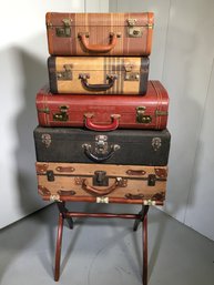 Great Set Of Vintage Luggage With Folding Stand - Great Decorator Lot ! - Assorted Styles - All Vintage !