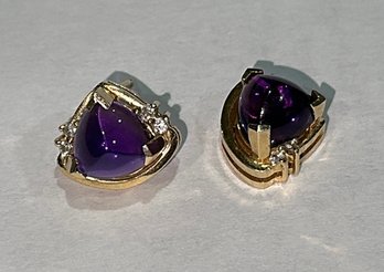 Beautiful Pair Of 14K Amethyst Cabochon Diamond Studs ~ Repair ~