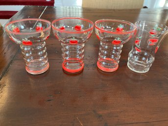 1930s - Dunbar Aramis - Ring Tomato Glasses, Set Of 3 Plus One Misc Tomato/apple Glass