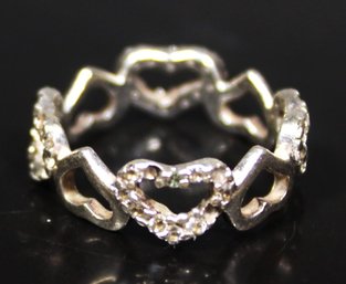 Sterling Sivler Band Ring Having Hearts With Tiny Diamonds Size 6.5