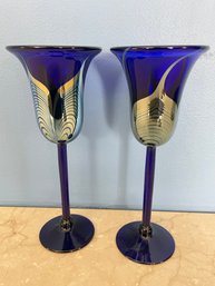 Pair Of Correia Cobalt Blue Pulled Feather 9-3/4' Wine Glass Goblets