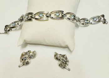 SIGNED CORO SILVER TONE BLUE RHINESTONE BRACELET AND EARRING SET