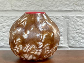 Handblown Petite 2 1/2 Brown & White Swirl Bud Vase. Crafted By A Local Guilford Artist