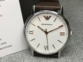 Beautiful Mens Brand New $495 GIORGIO ARMANI / Emporio Crisp White Dial With Brown Leather Strap - With Box