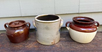 Antique American Stoneware Pot Paired With Brown Glaze USA Pot And McCoy Beige/ Brown Pot