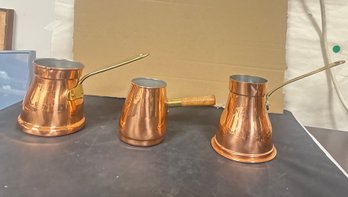 Three Nice Looking Copper Coffee Pots One With Wooden Handle & Two Brass Handles Made In Portugal. FL / B3