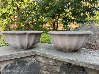 Pair Of Cement Stone Low Bowl Planters
