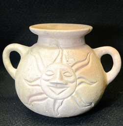 Double Handled Pottery Vase With Etched Sun