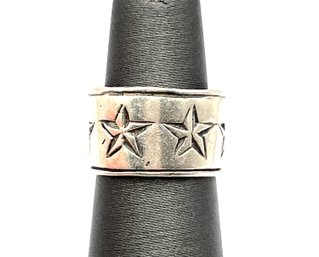 Vintage Solid Sterling Silver Engraved Stars Thick Band, Size 5