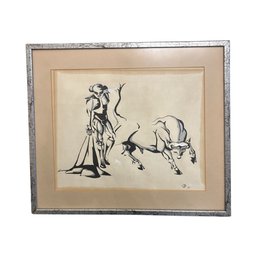 Vintage Black & White Bull Fighting Original Artwork