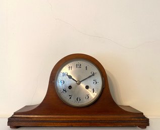 Camel Back Mantel Clock With Dentil Moulding Base - Silver Dial With Arabic Numbers