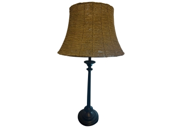 Slender Dark Metal Buffet Lamp With A Woven Seed Bead Shade