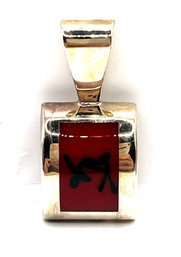 Vintage Sterling Silver Red And Black Asian Square Large Pendant