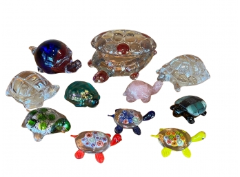 Turtle Collectors Delight! 11PC Lot Of Glass & Stone Decorative Turtles - Rose Quart, Art Glass