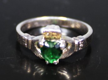 Fine Sterling Silver Claddagh Ring Having Green Tourmaline Stone Size 5.5