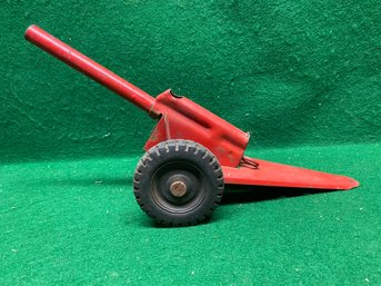 Vintage Pressed Steel Red Toy Marble Shooting Cannon With Rubber Tires. Yes Shipping.