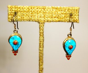 Vintage Tibetan Sterling Silver Turquoise And Coral Pierced Earrings