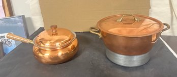Copper Pot With Wooden Handle Made In Portugal & A Copper Strainer With Top Lid & Two Handles. FL / D2