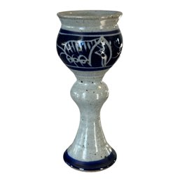 Blue Gray Speckled Tall Stoneware Goblet With Abstract Animal Design (U.S. Shipping Available)