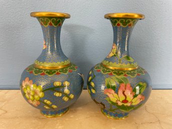 Pair Of Blue Floral Cloisonne Vase