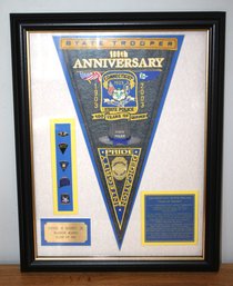 Framed State Police Plaque Containing Pinbacks, Pendent With Patches, Etc