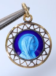 Antique French Virgin Mother Mary Blue Enamel & 10k Yellow Gold Pendant