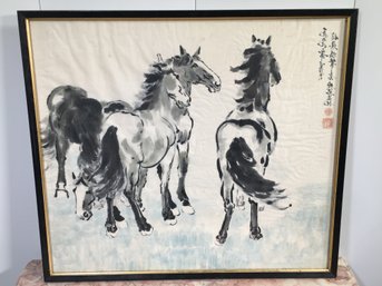 Very Nice Vintage Chinese Watercolor With Horses - LIANG WEI BIN - Canton Peoples Commune - Kwanchon - Nice !