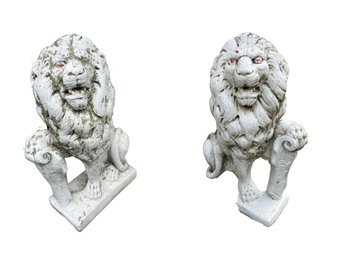 Pair Of Concrete Lion Garden Ornaments