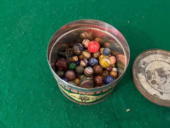 Tin Full Of Antique Clay And Glass Marbles