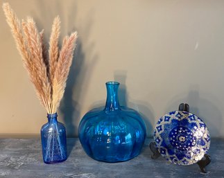 Blue Glass Vase/Bottles And Trivet