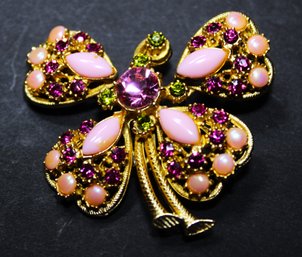 Vintage Gold Tone Pink Rhinestone Designer Flutter Butterfly Brooch Signed FLORENZA