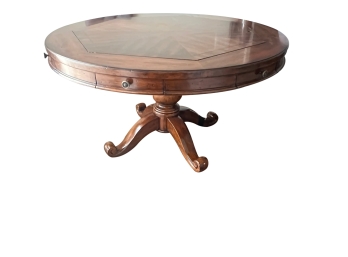 Gorgeous Solid Mahogany Game/poker Pedestal Table With Inlay Pattern And 4 Upholstered High Back Chairs