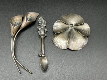 Trio Of Vintage Sterling Silver Pins/brooches . Flowers And Spoon.